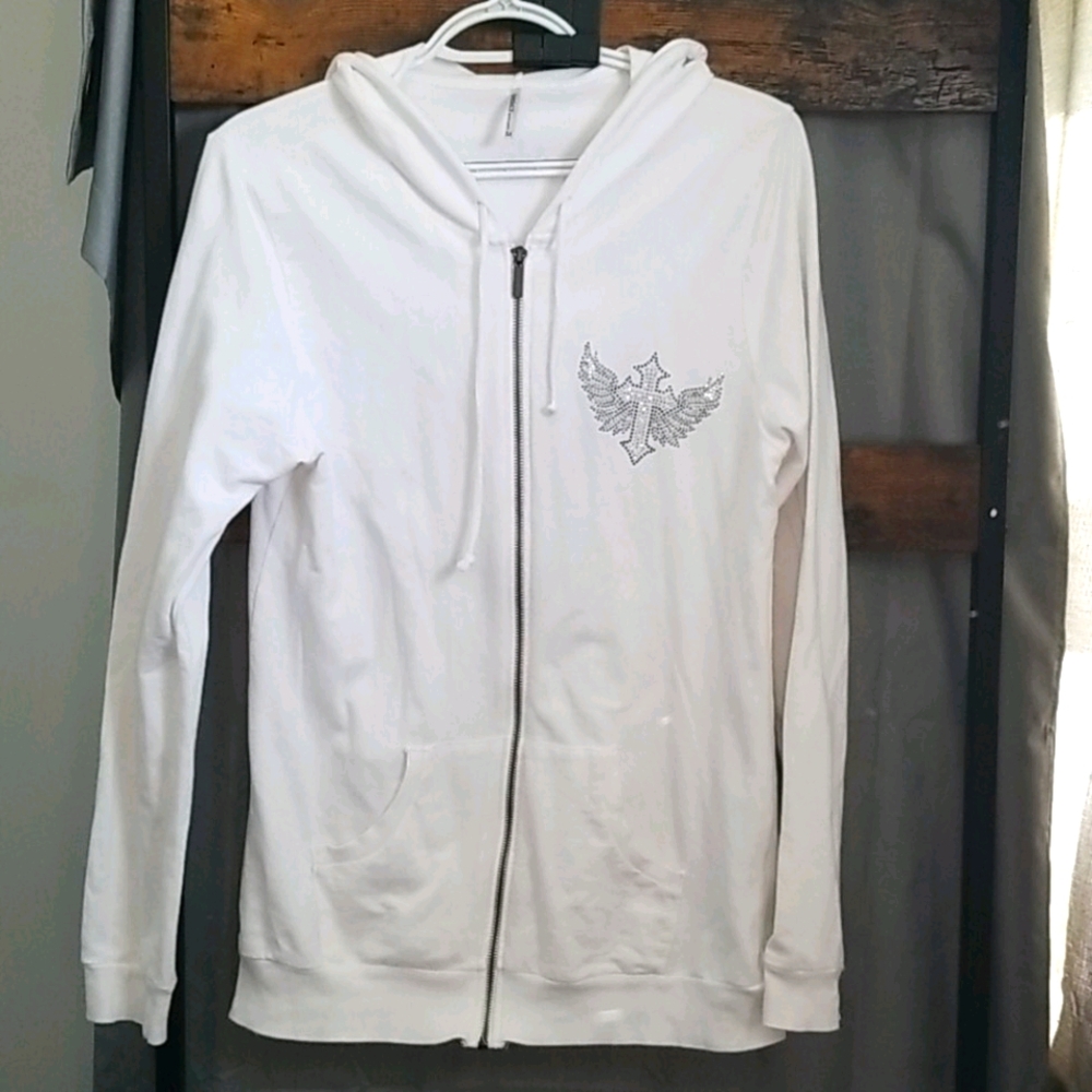 White zip up hooded sweatshirt with cross